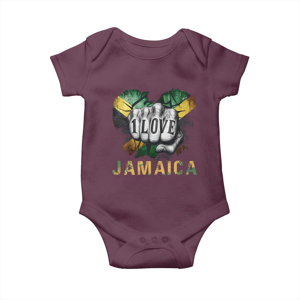 Jamaica One Love Baby Onesie Rasta Reggae Punching Hand Jamaican Flag TS11 Maroon Print Your Wear