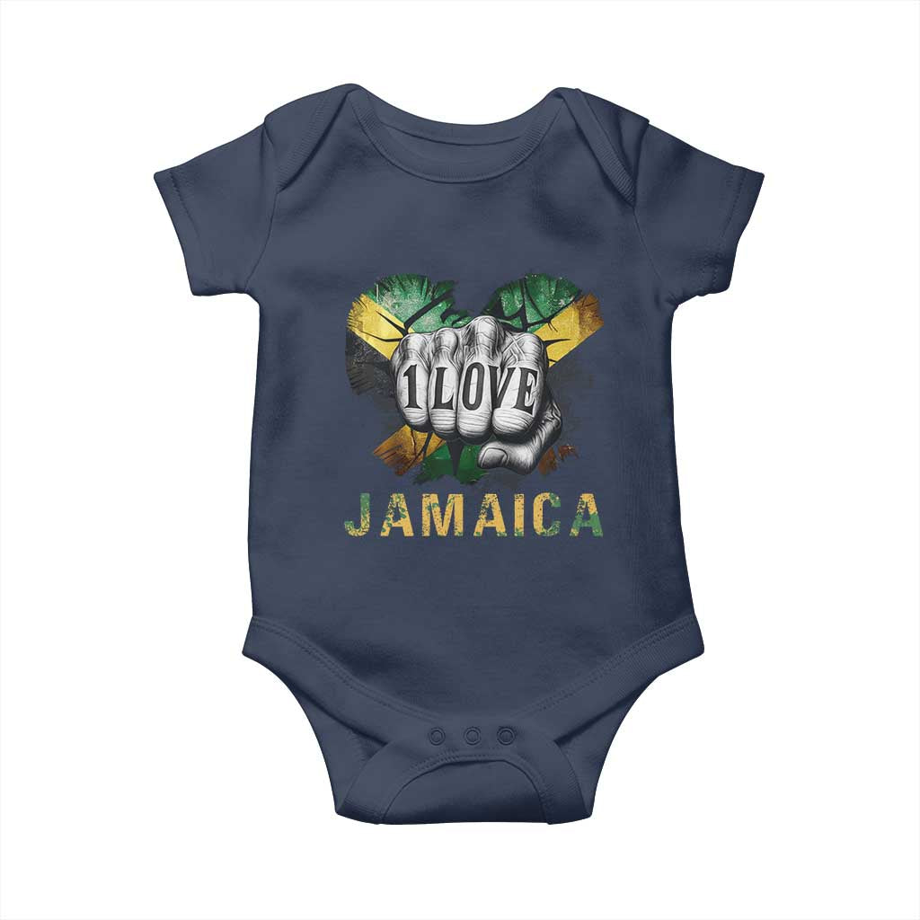 Jamaica One Love Baby Onesie Rasta Reggae Punching Hand Jamaican Flag TS11 Navy Print Your Wear