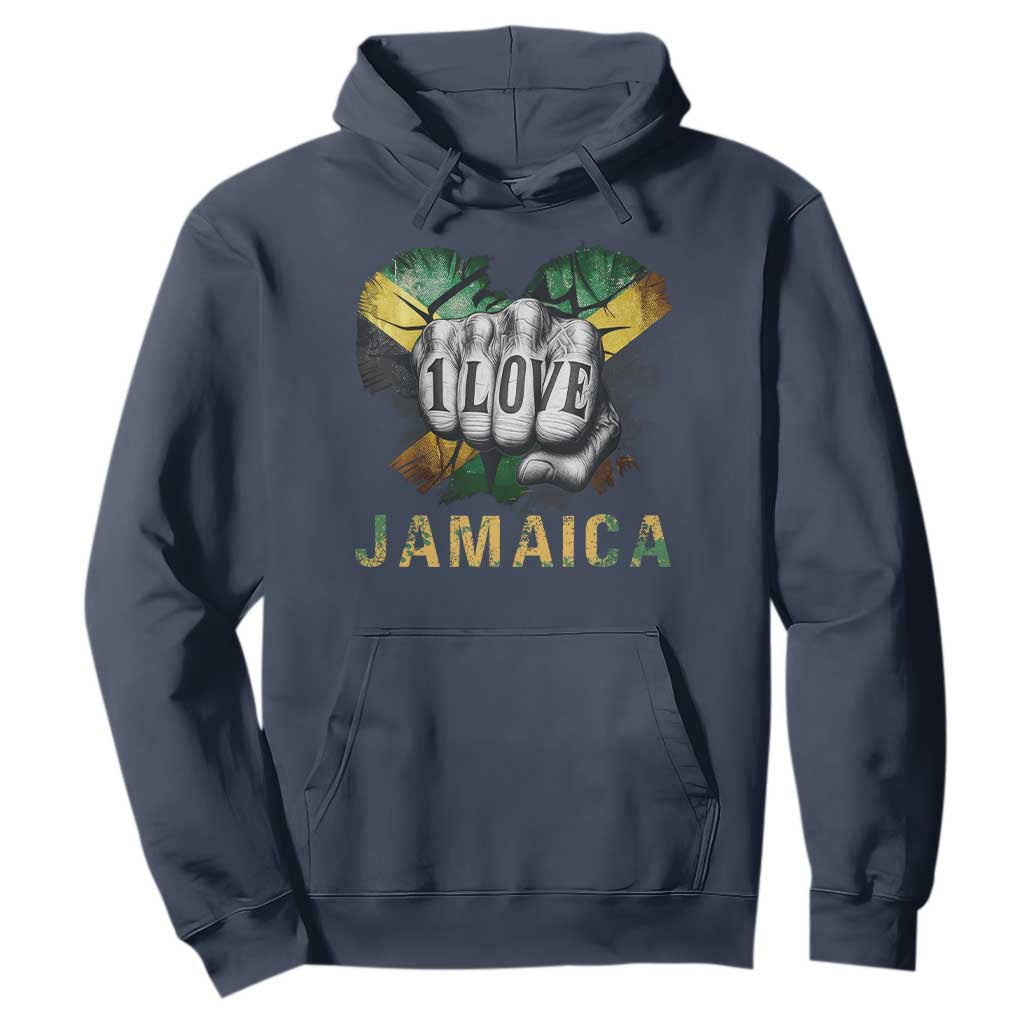 Jamaica One Love Hoodie Rasta Reggae Punching Hand Jamaican Flag TS11 Navy Print Your Wear