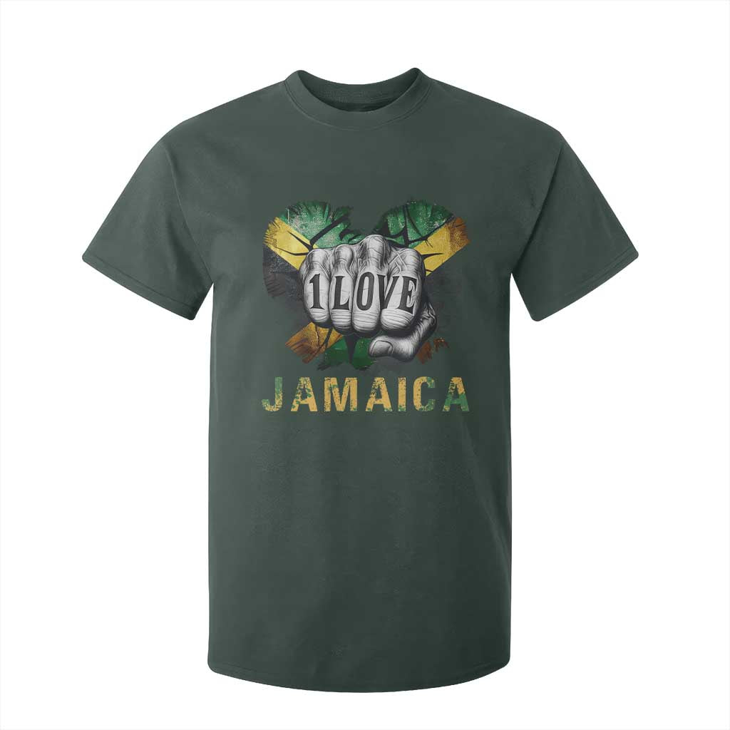 Jamaica One Love T Shirt For Kid Rasta Reggae Punching Hand Jamaican Flag TS11 Dark Forest Green Print Your Wear