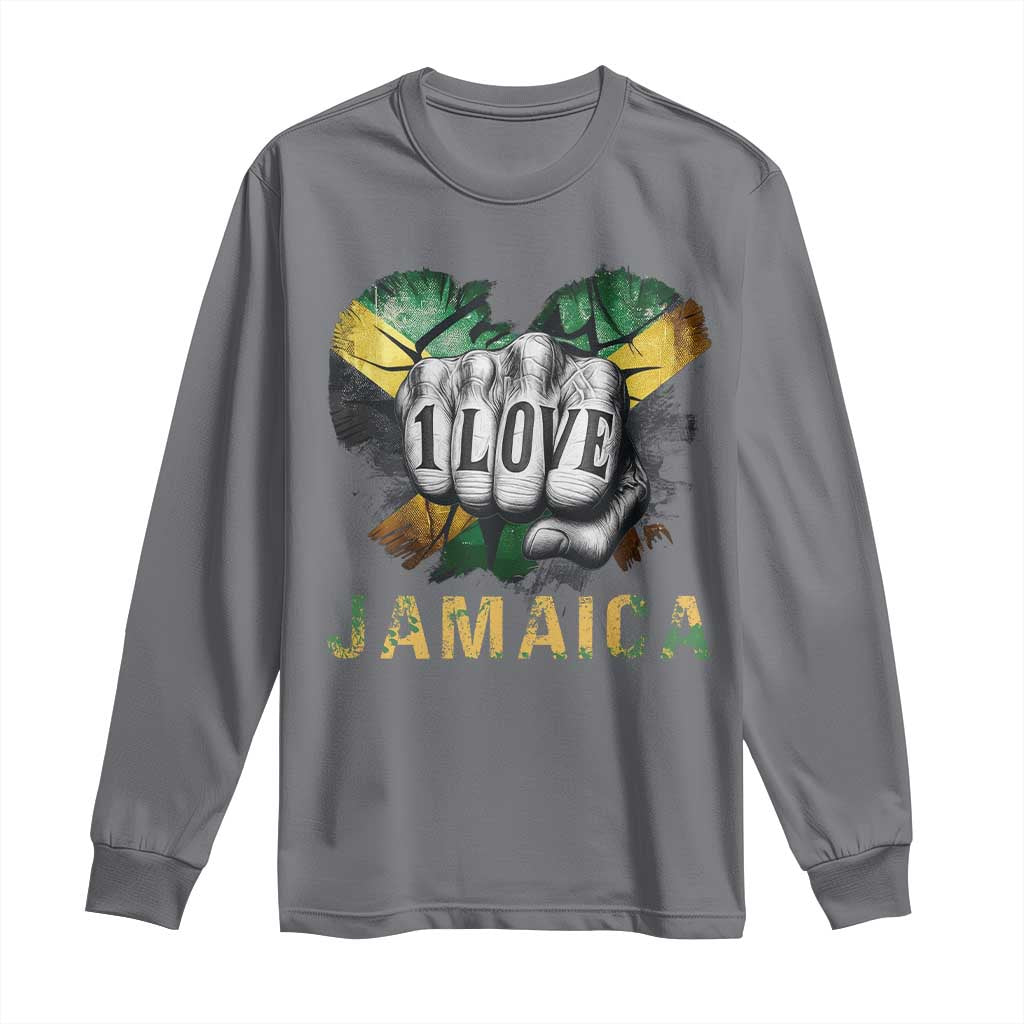 Jamaica One Love Long Sleeve Shirt Rasta Reggae Punching Hand Jamaican Flag TS11 Charcoal Print Your Wear