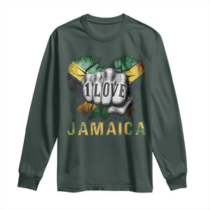 Jamaica One Love Long Sleeve Shirt Rasta Reggae Punching Hand Jamaican Flag TS11 Dark Forest Green Print Your Wear