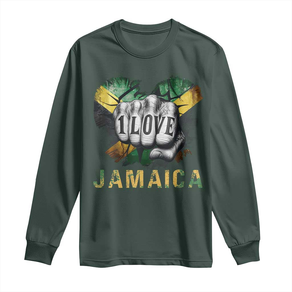 Jamaica One Love Long Sleeve Shirt Rasta Reggae Punching Hand Jamaican Flag TS11 Dark Forest Green Print Your Wear