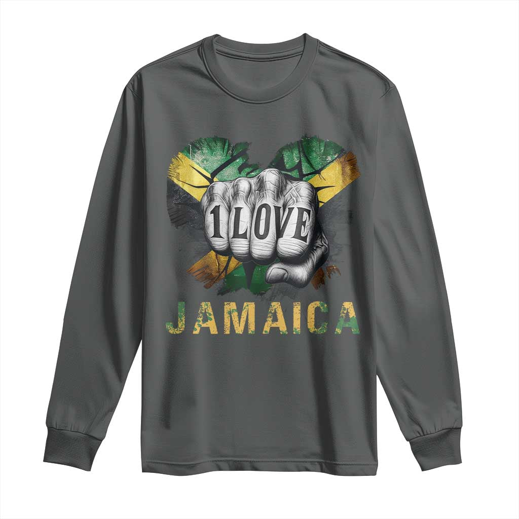 Jamaica One Love Long Sleeve Shirt Rasta Reggae Punching Hand Jamaican Flag TS11 Dark Heather Print Your Wear