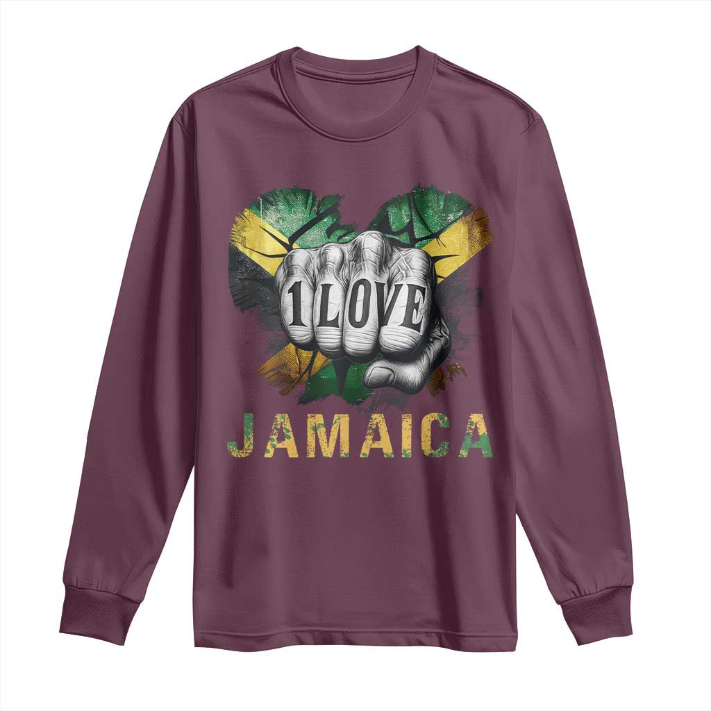 Jamaica One Love Long Sleeve Shirt Rasta Reggae Punching Hand Jamaican Flag TS11 Maroon Print Your Wear