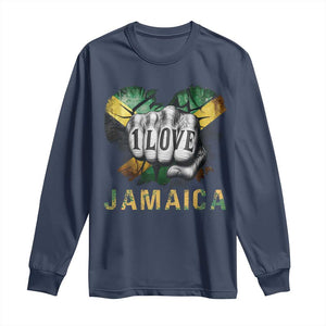 Jamaica One Love Long Sleeve Shirt Rasta Reggae Punching Hand Jamaican Flag TS11 Navy Print Your Wear