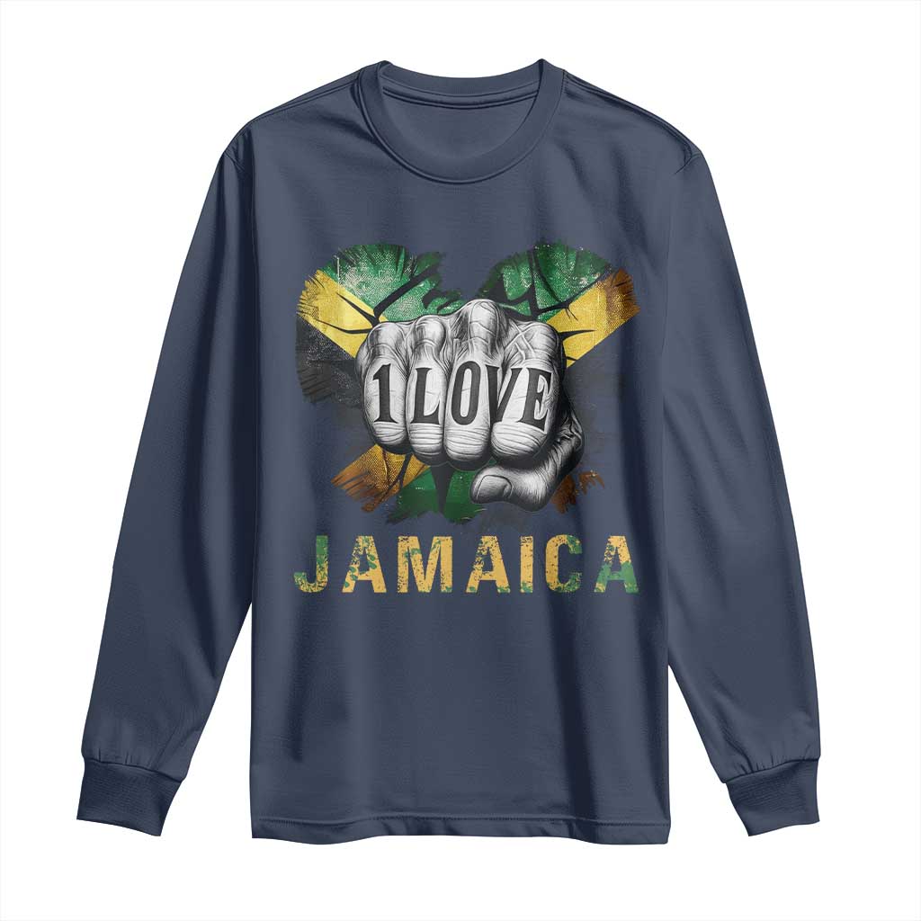 Jamaica One Love Long Sleeve Shirt Rasta Reggae Punching Hand Jamaican Flag TS11 Navy Print Your Wear