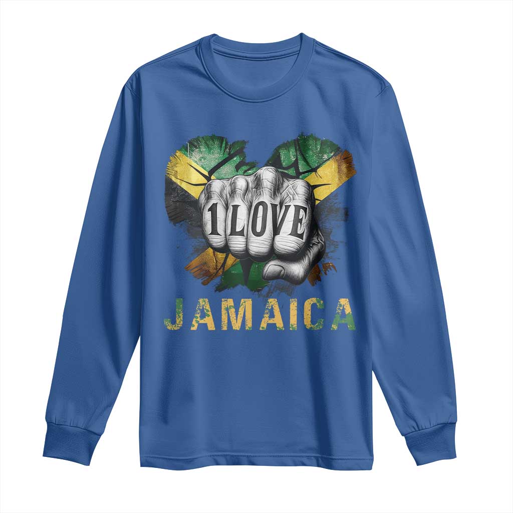 Jamaica One Love Long Sleeve Shirt Rasta Reggae Punching Hand Jamaican Flag TS11 Royal Blue Print Your Wear