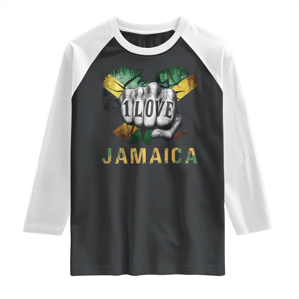 Jamaica One Love Raglan Shirt Rasta Reggae Punching Hand Jamaican Flag TS11 Black White Print Your Wear