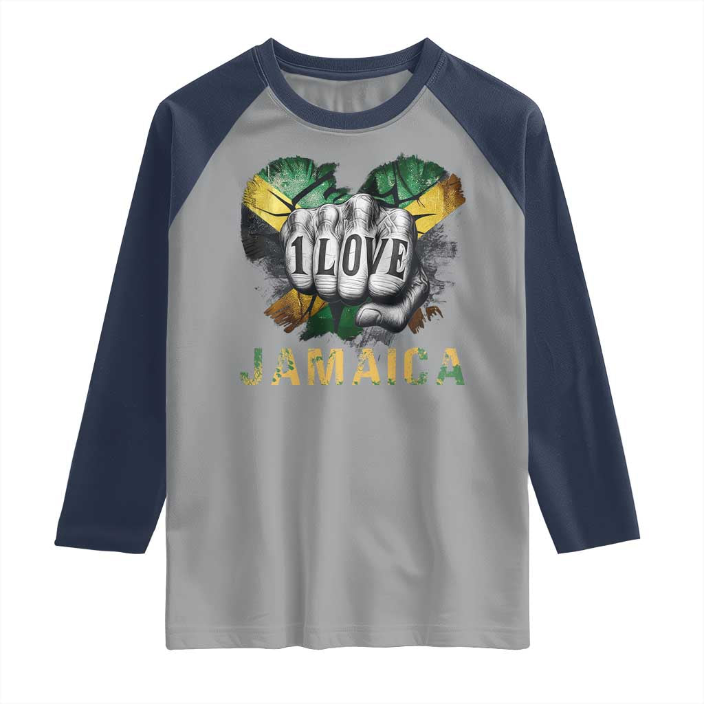 Jamaica One Love Raglan Shirt Rasta Reggae Punching Hand Jamaican Flag TS11 Sport Gray Navy Print Your Wear