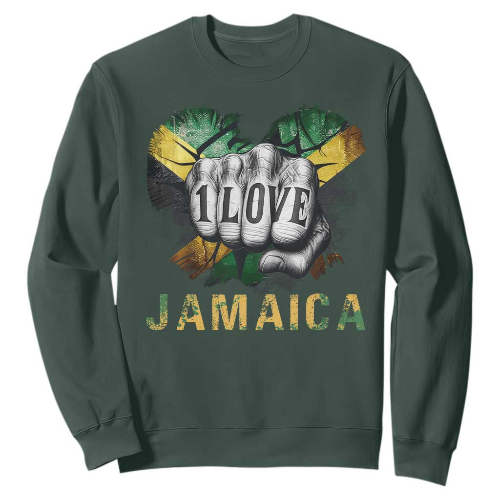 Jamaica One Love Sweatshirt Rasta Reggae Punching Hand Jamaican Flag TS11 Dark Forest Green Print Your Wear