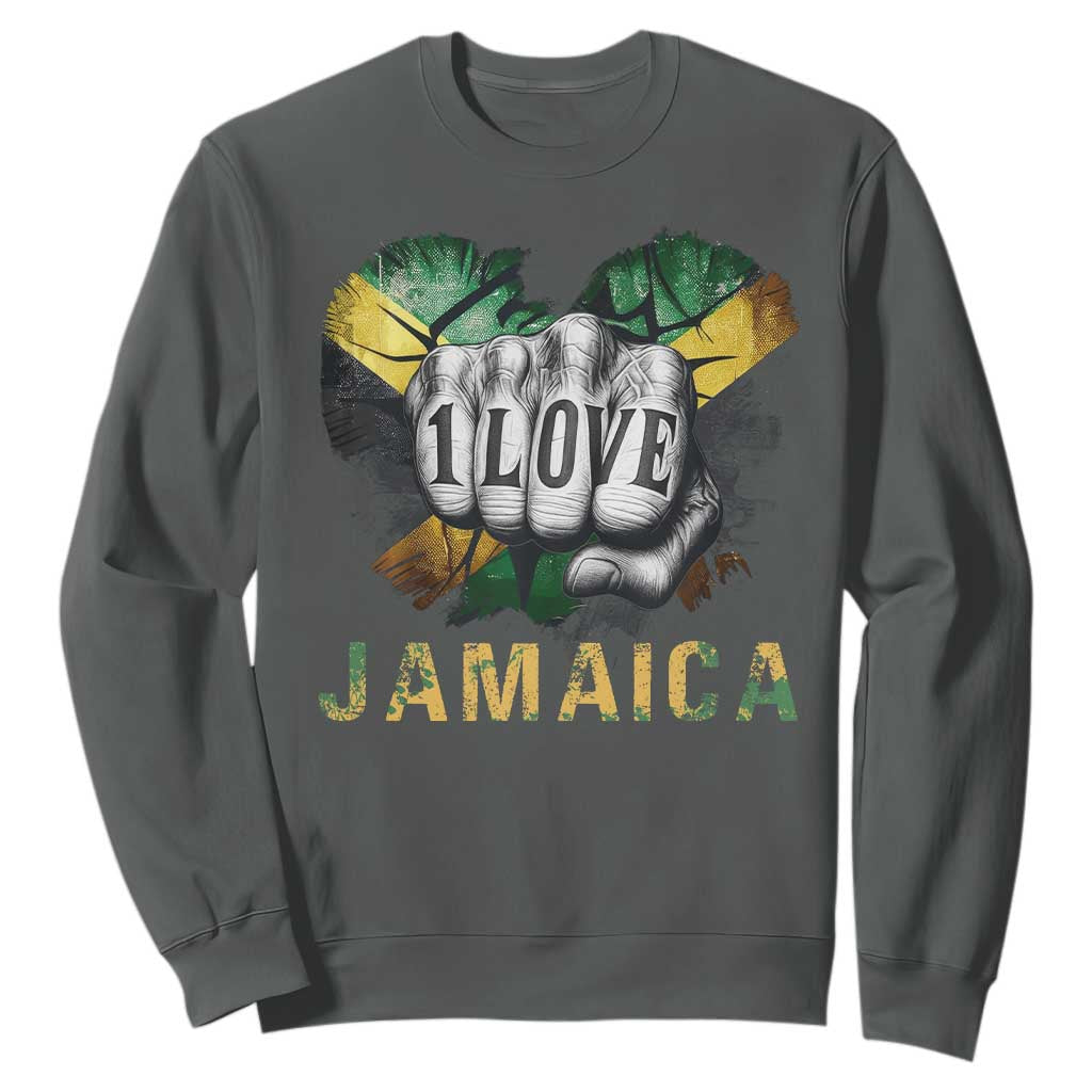 Jamaica One Love Sweatshirt Rasta Reggae Punching Hand Jamaican Flag TS11 Dark Heather Print Your Wear