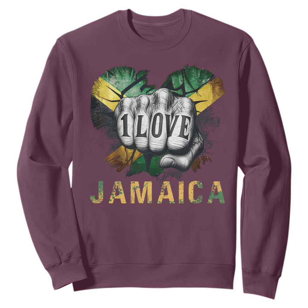 Jamaica One Love Sweatshirt Rasta Reggae Punching Hand Jamaican Flag TS11 Maroon Print Your Wear