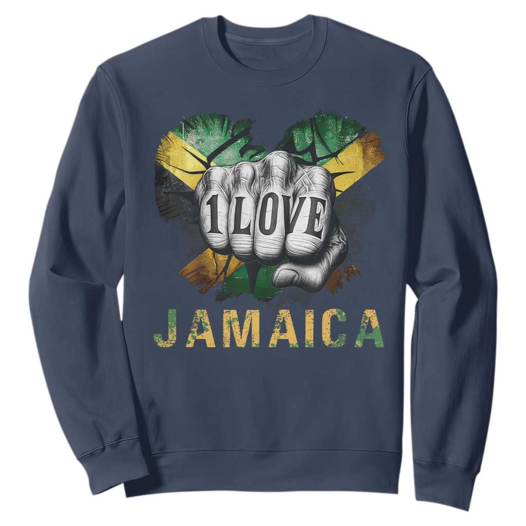 Jamaica One Love Sweatshirt Rasta Reggae Punching Hand Jamaican Flag TS11 Navy Print Your Wear