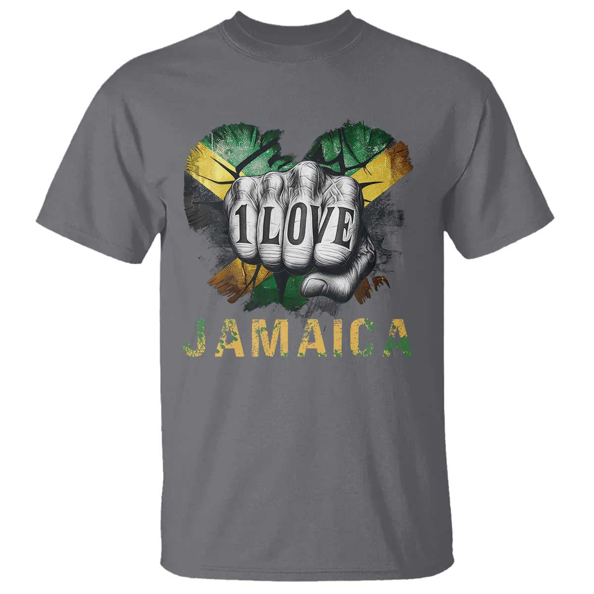 Jamaica One Love T Shirt Rasta Reggae Punching Hand Jamaican Flag TS11 Charcoal Print Your Wear