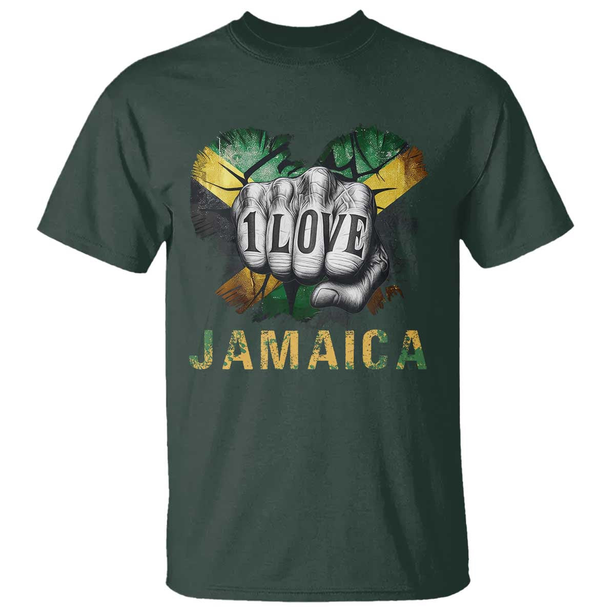 Jamaica One Love T Shirt Rasta Reggae Punching Hand Jamaican Flag TS11 Dark Forest Green Print Your Wear