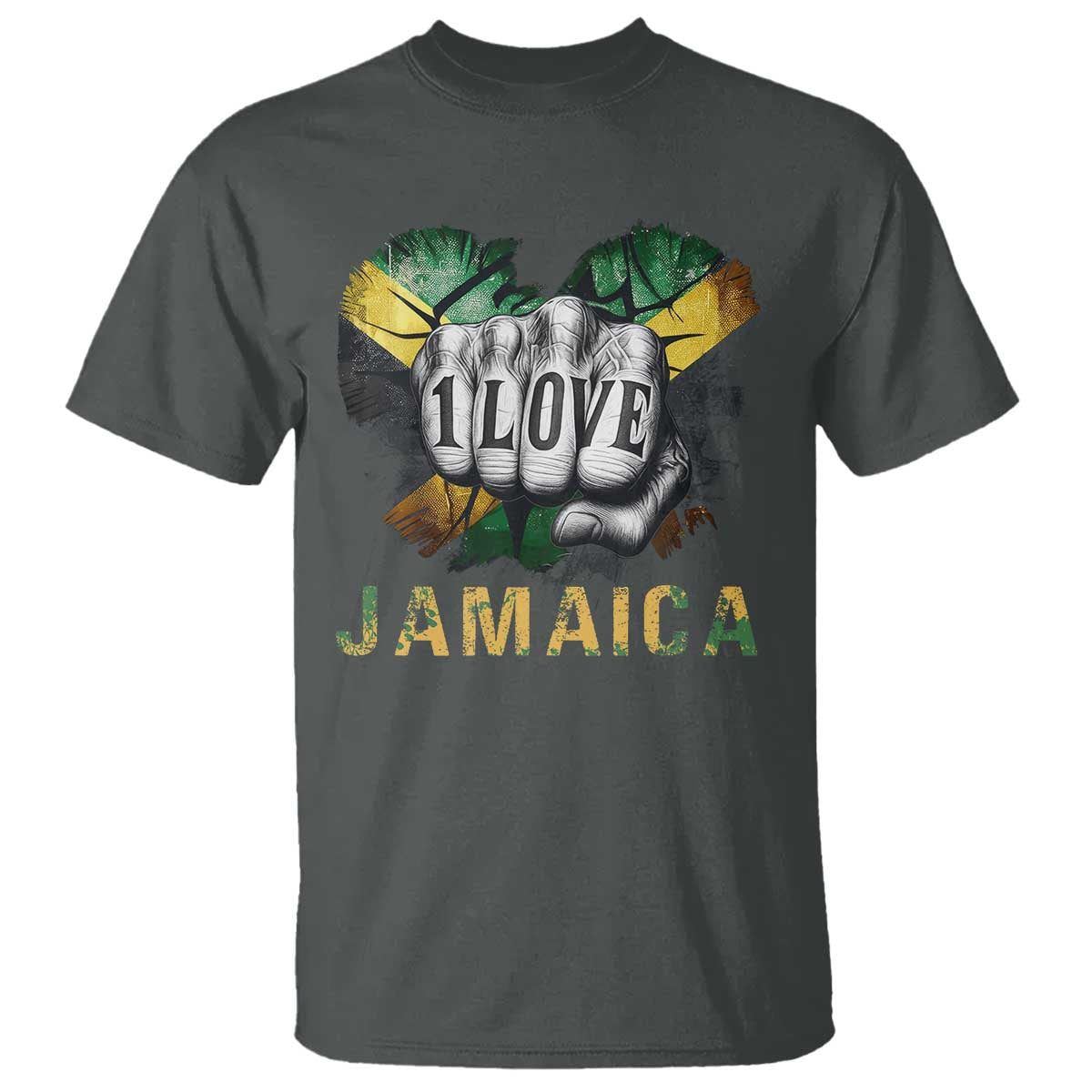 Jamaica One Love T Shirt Rasta Reggae Punching Hand Jamaican Flag TS11 Dark Heather Print Your Wear