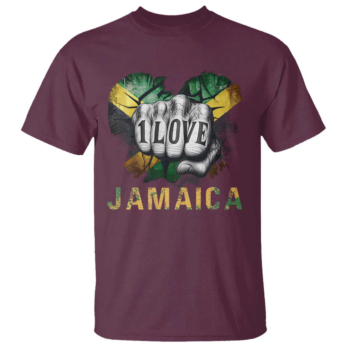 Jamaica One Love T Shirt Rasta Reggae Punching Hand Jamaican Flag TS11 Maroon Print Your Wear