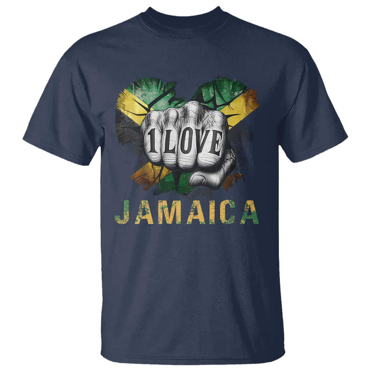 Jamaica One Love T Shirt Rasta Reggae Punching Hand Jamaican Flag TS11 Navy Print Your Wear
