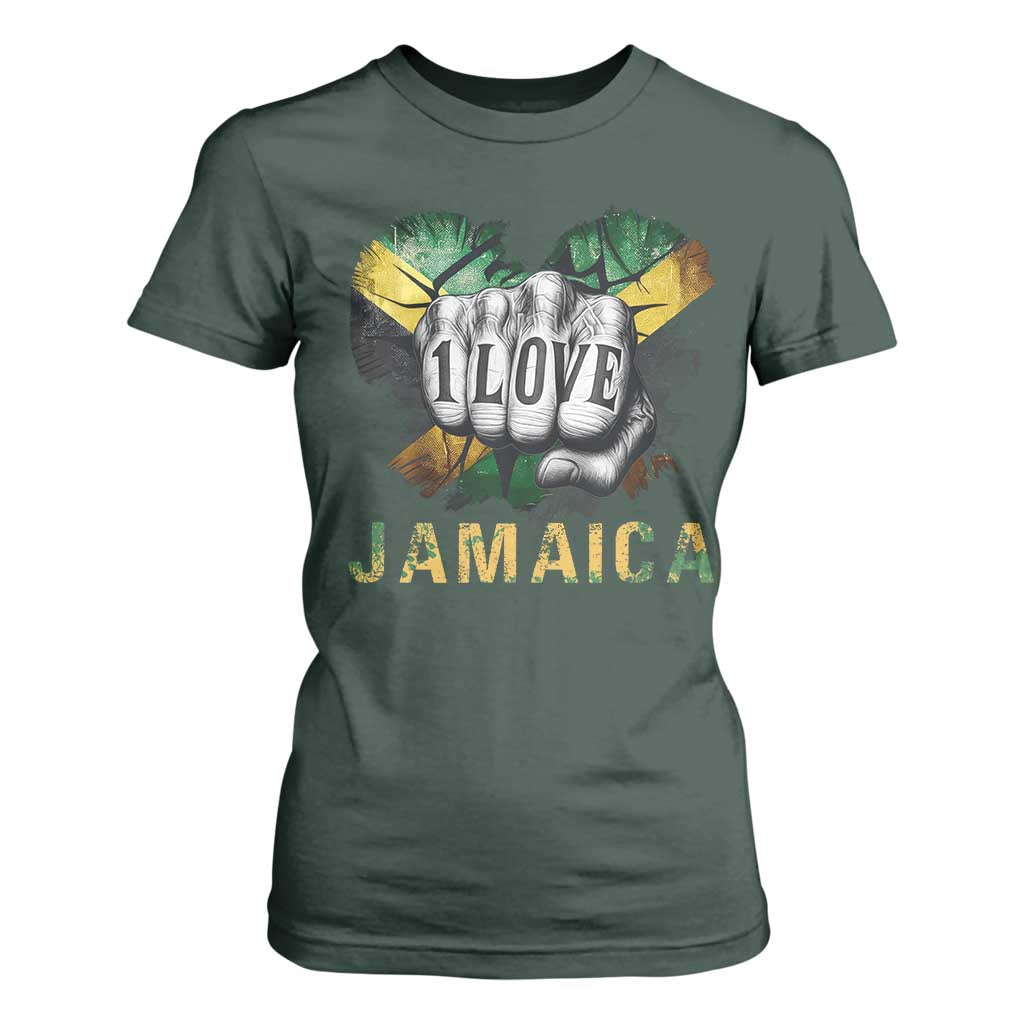 Jamaica One Love T Shirt For Women Rasta Reggae Punching Hand Jamaican Flag TS11 Dark Forest Green Print Your Wear