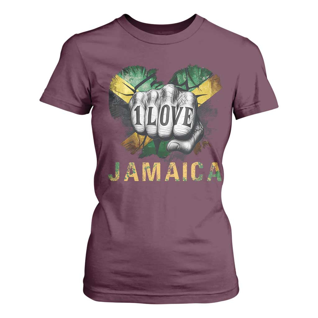 Jamaica One Love T Shirt For Women Rasta Reggae Punching Hand Jamaican Flag TS11 Maroon Print Your Wear