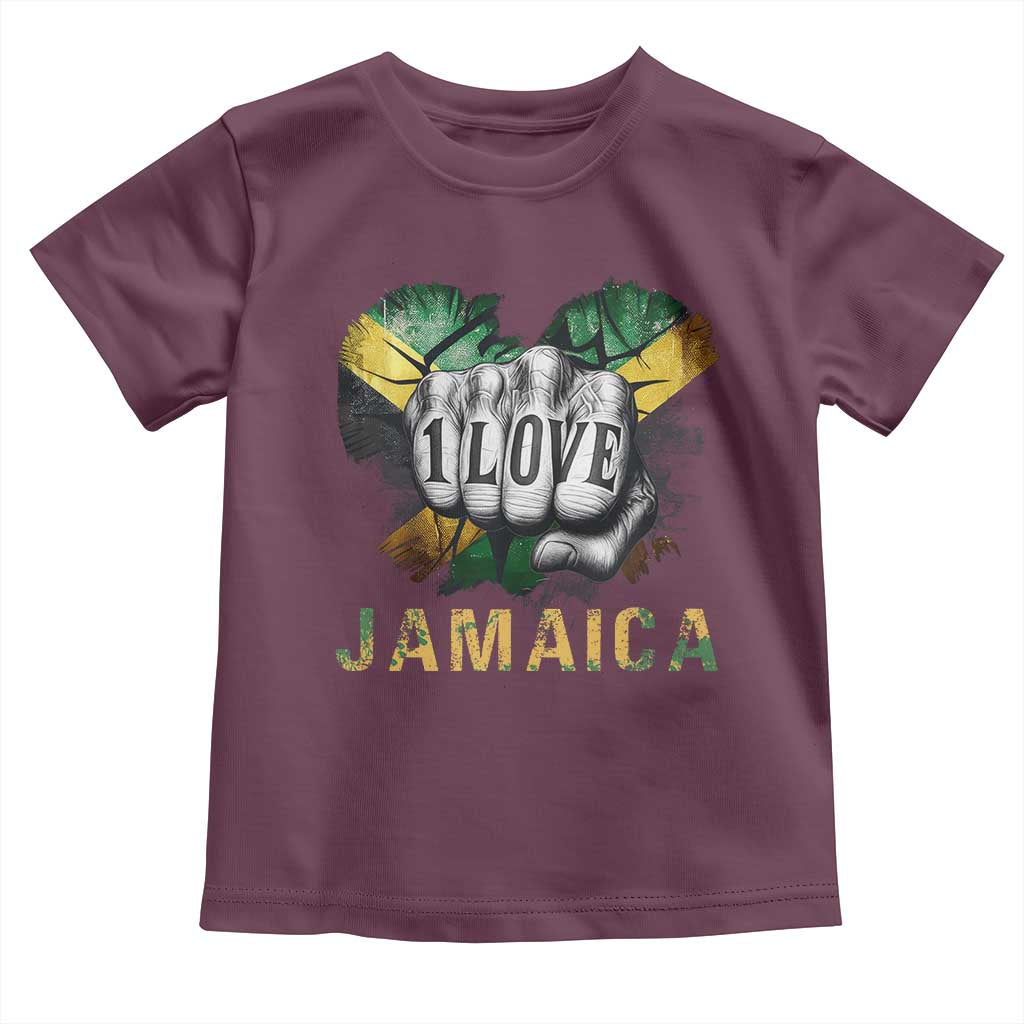 Jamaica One Love Toddler T Shirt Rasta Reggae Punching Hand Jamaican Flag TS11 Maroon Print Your Wear