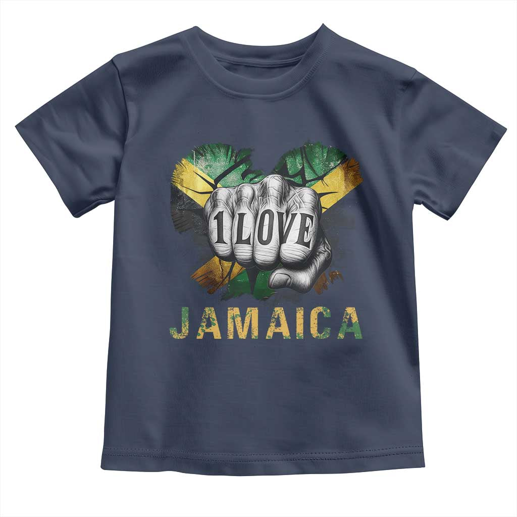 Jamaica One Love Toddler T Shirt Rasta Reggae Punching Hand Jamaican Flag TS11 Navy Print Your Wear