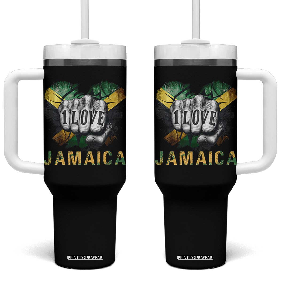 Jamaica One Love Tumbler With Handle Rasta Reggae Punching Hand Jamaican Flag TS11 One Size: 40 oz Black Print Your Wear