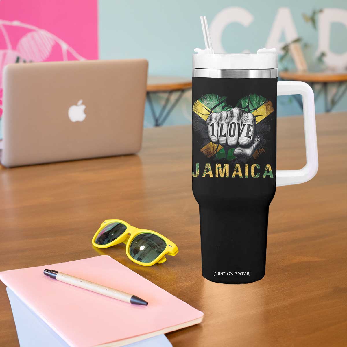 Jamaica One Love Tumbler With Handle Rasta Reggae Punching Hand Jamaican Flag TS11 Print Your Wear