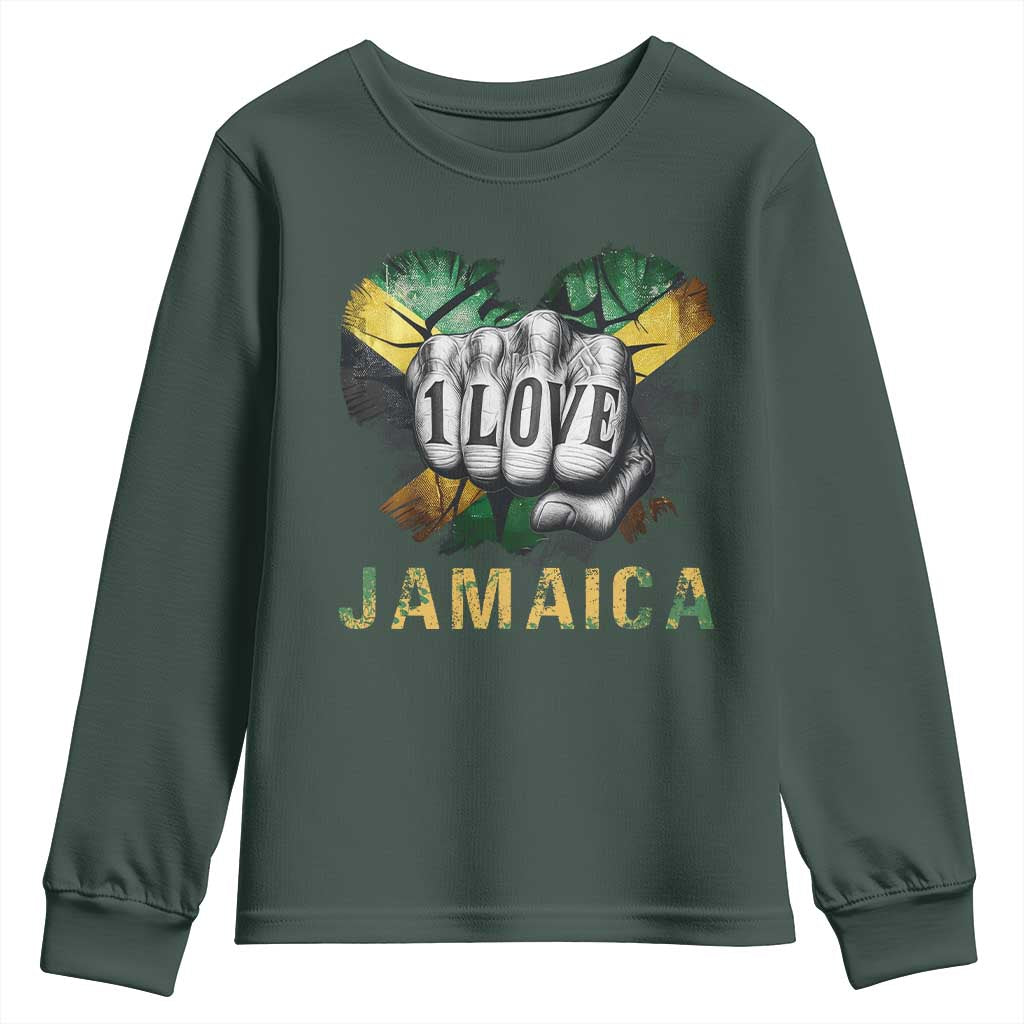 Jamaica One Love Youth Sweatshirt Rasta Reggae Punching Hand Jamaican Flag TS11 Dark Forest Green Print Your Wear