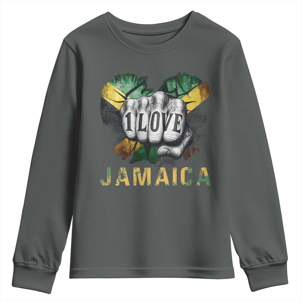 Jamaica One Love Youth Sweatshirt Rasta Reggae Punching Hand Jamaican Flag TS11 Dark Heather Print Your Wear