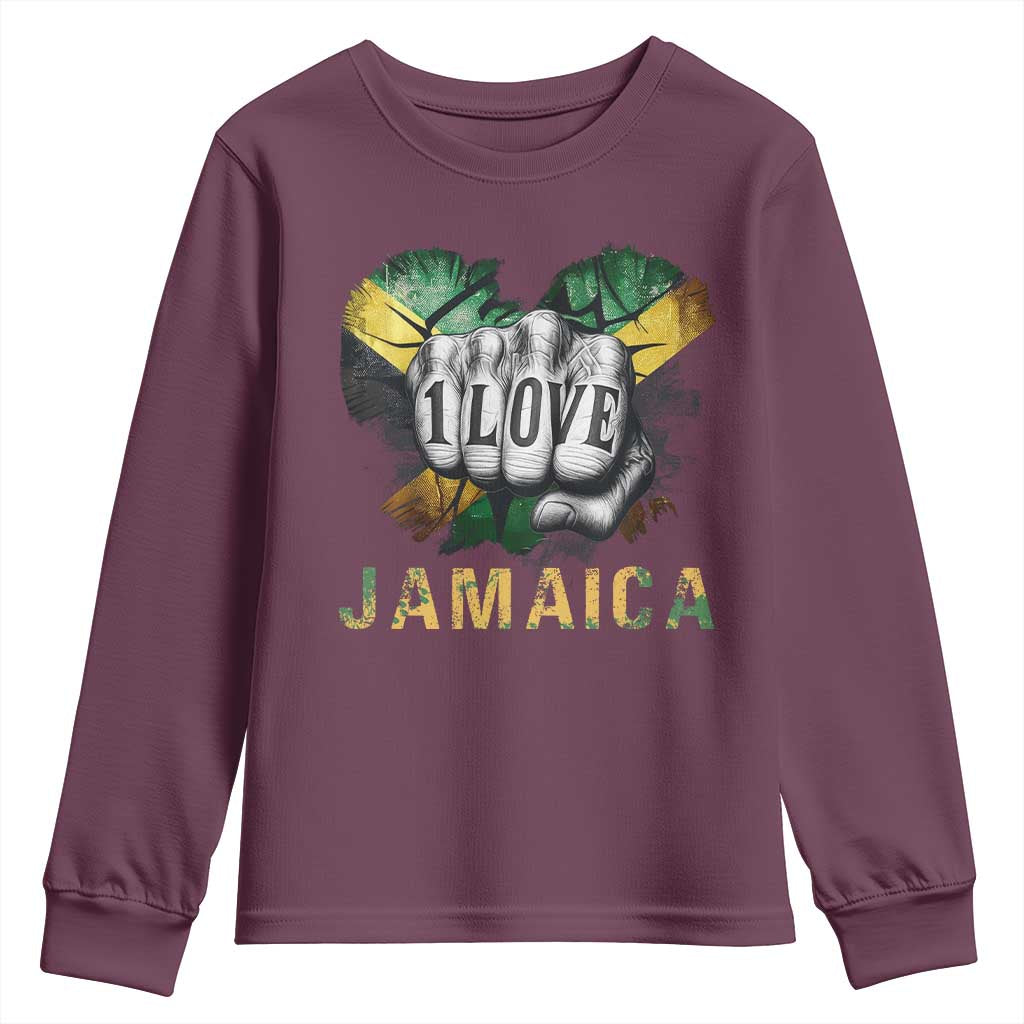 Jamaica One Love Youth Sweatshirt Rasta Reggae Punching Hand Jamaican Flag TS11 Maroon Print Your Wear