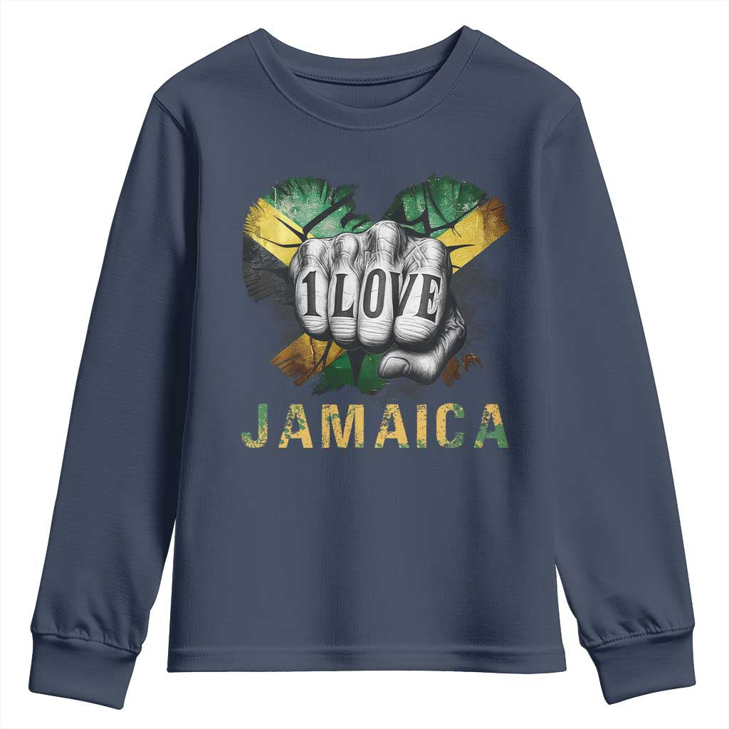 Jamaica One Love Youth Sweatshirt Rasta Reggae Punching Hand Jamaican Flag TS11 Navy Print Your Wear