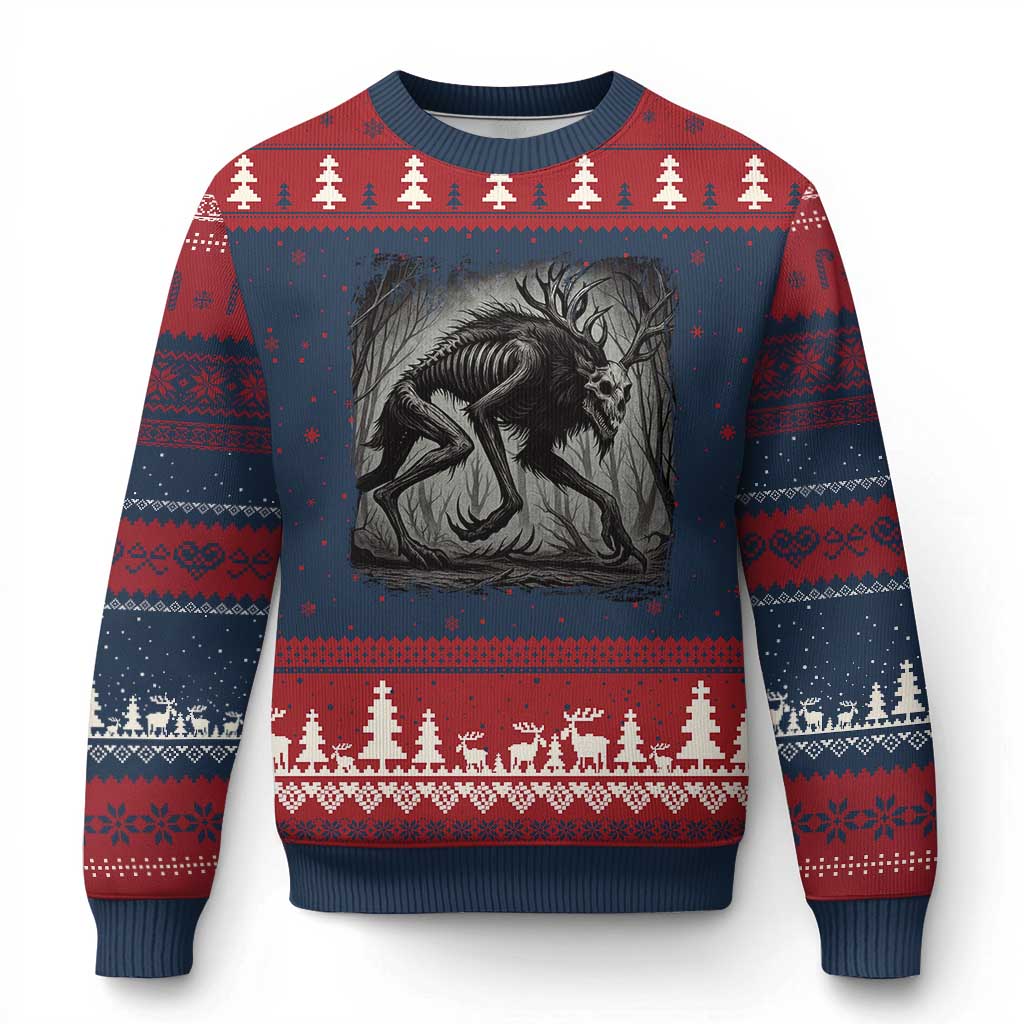 Wendigo Monster Ugly Christmas Sweater Skinwalker Night Stroll Cryptid Dark Forest - Print Your Wear