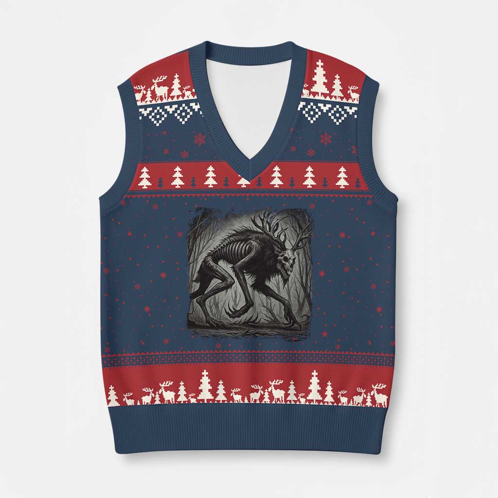 Wendigo Monster V-Neck Knit Sweater Vest Skinwalker Night Stroll Cryptid Dark Forest TS11 Navy Red Print Your Wear