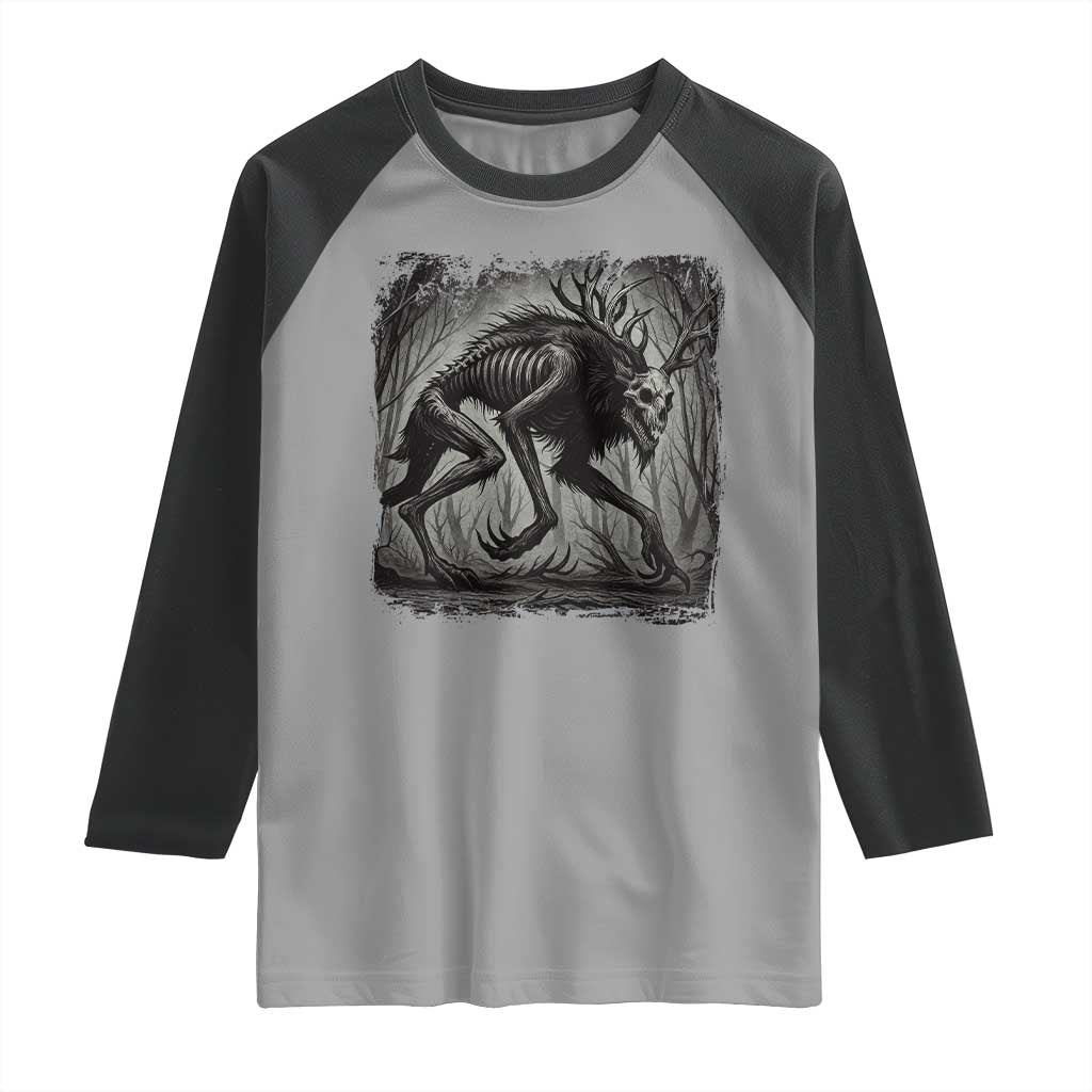 Wendigo Monster Raglan Shirt Skinwalker Night Stroll Cryptid Dark Forest TS11 Sport Gray Black Print Your Wear
