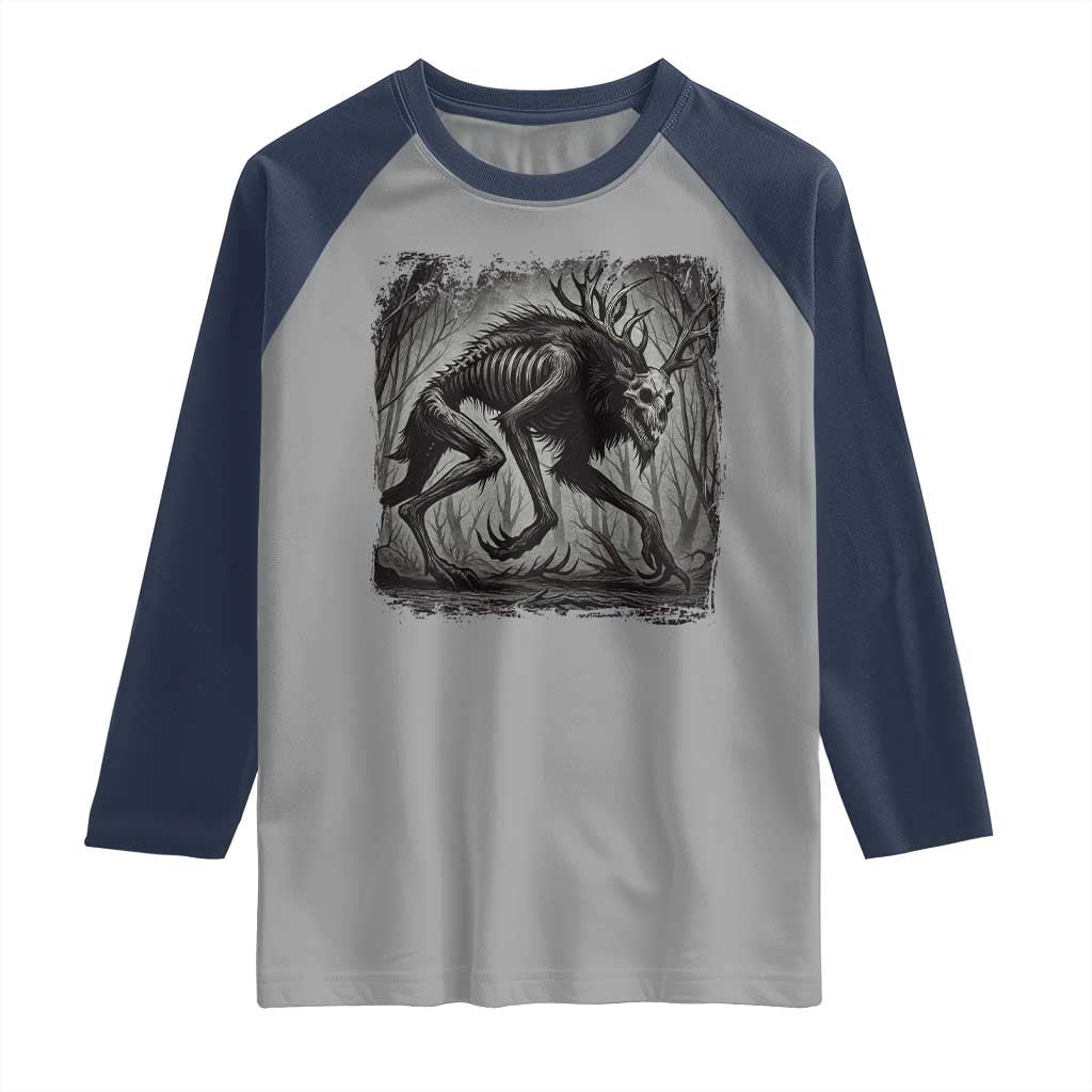 Wendigo Monster Raglan Shirt Skinwalker Night Stroll Cryptid Dark Forest TS11 Sport Gray Navy Print Your Wear