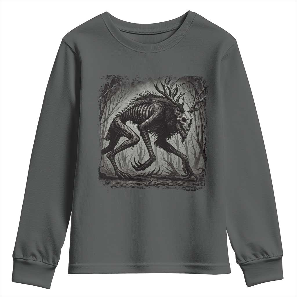 Wendigo Monster Youth Sweatshirt Skinwalker Night Stroll Cryptid Dark Forest TS11 Dark Heather Print Your Wear