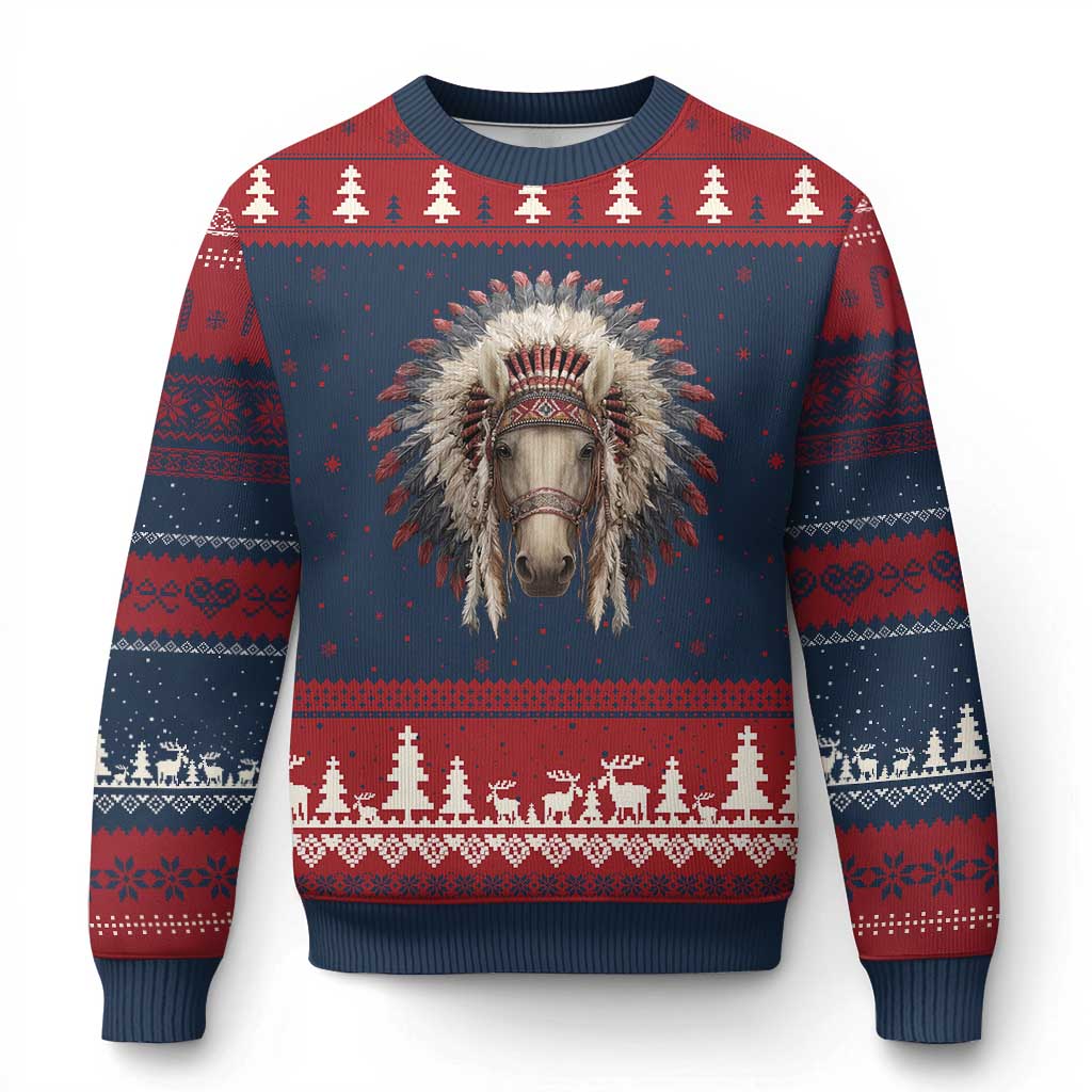 Horse Native American Indigenous Heritage War Bonnet Ugly Christmas Sweater TS11 Navy Red Print Your Wear