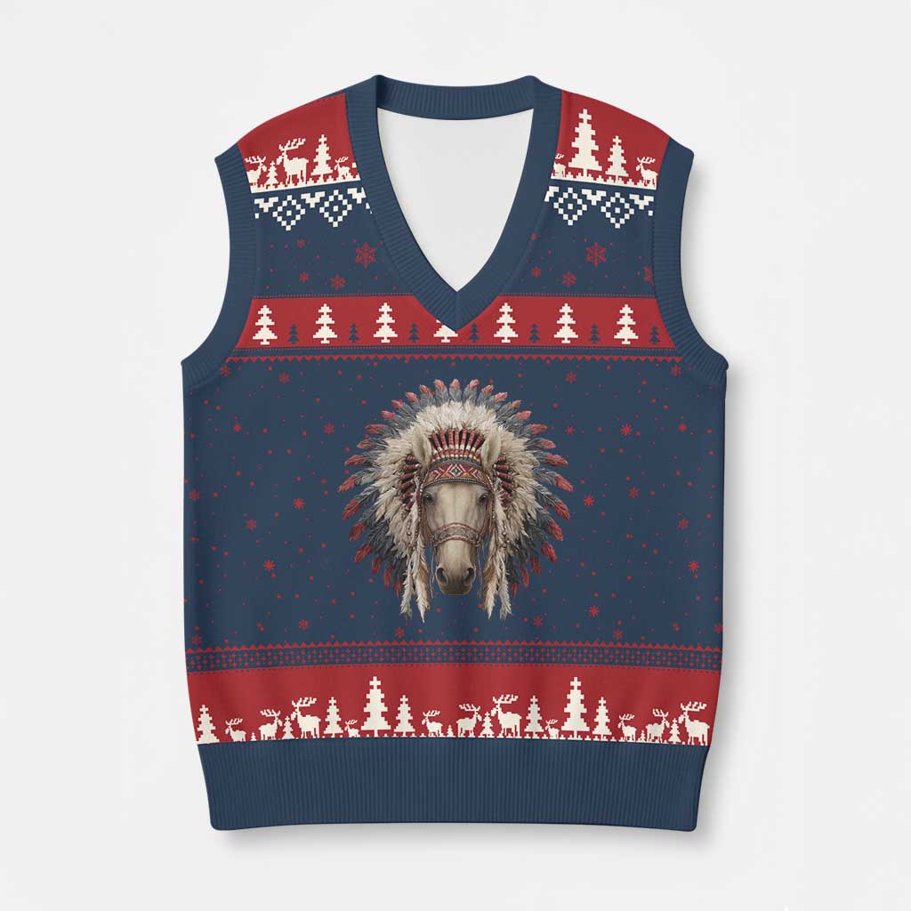 Horse Native American Indigenous Heritage War Bonnet V-Neck Knit Sweater Vest TS11 Navy Red Print Your Wear