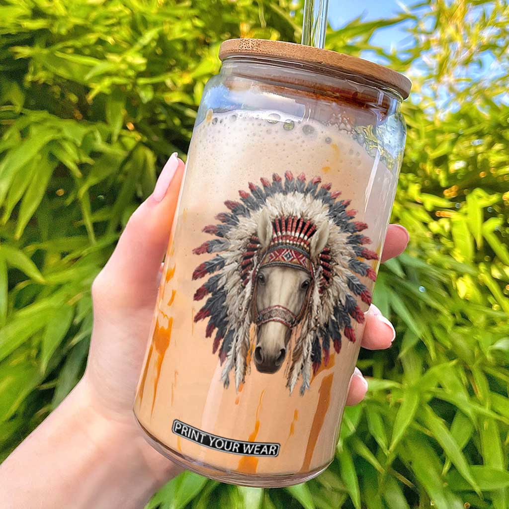 Horse Native American Indigenous Heritage War Bonnet Glass Can TS11 Black Print Your Wear