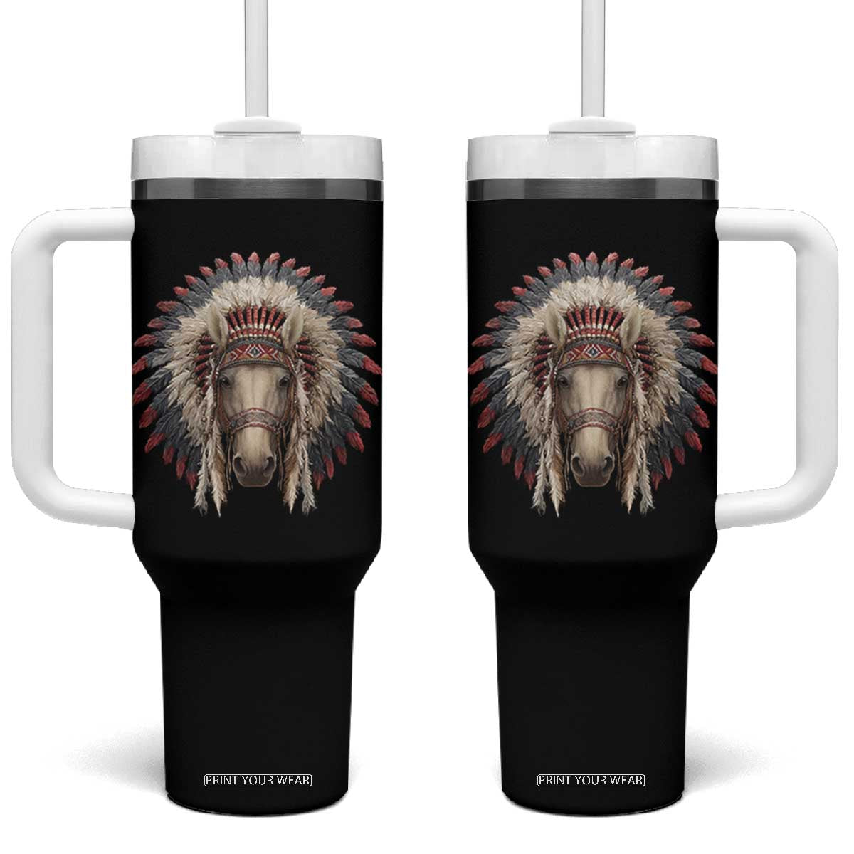 Horse Native American Indigenous Heritage War Bonnet Tumbler With Handle TS11 One Size: 40 oz Black Print Your Wear