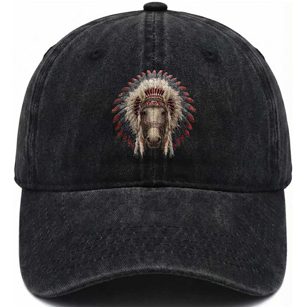 Horse Native American Indigenous Heritage War Bonnet Washed Cotton Baseball Cap TS11 Print Your Wear