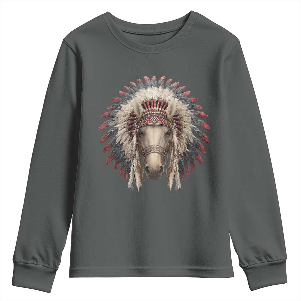 Horse Native American Indigenous Heritage War Bonnet Youth Sweatshirt TS11 Dark Heather Print Your Wear