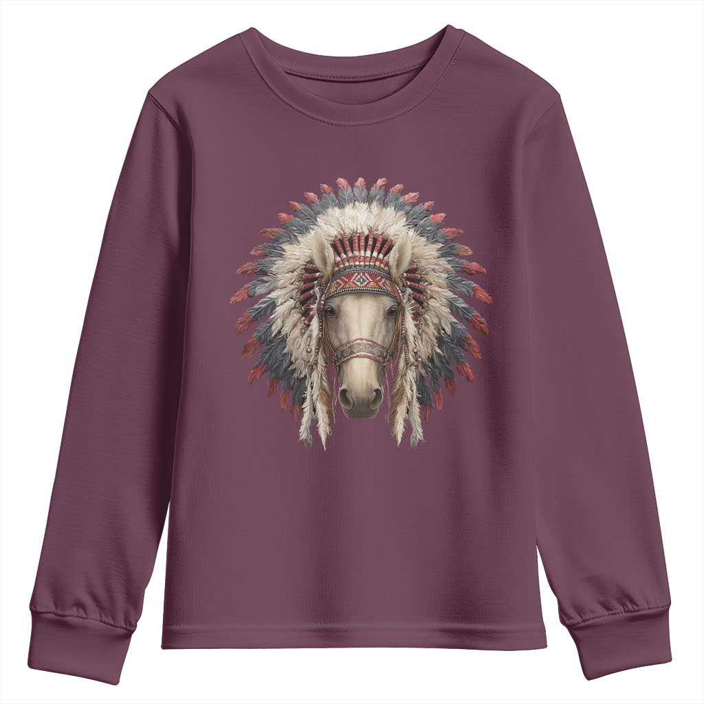 Horse Native American Indigenous Heritage War Bonnet Youth Sweatshirt TS11 Maroon Print Your Wear