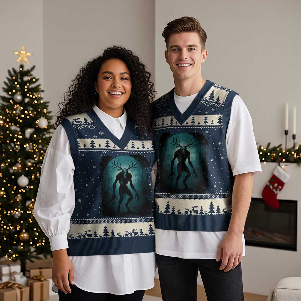 Wendigo Monster Skinwalker Mythical Cryptid Dark Forest V-Neck Knit Sweater Vest TS11 Navy Beige Print Your Wear