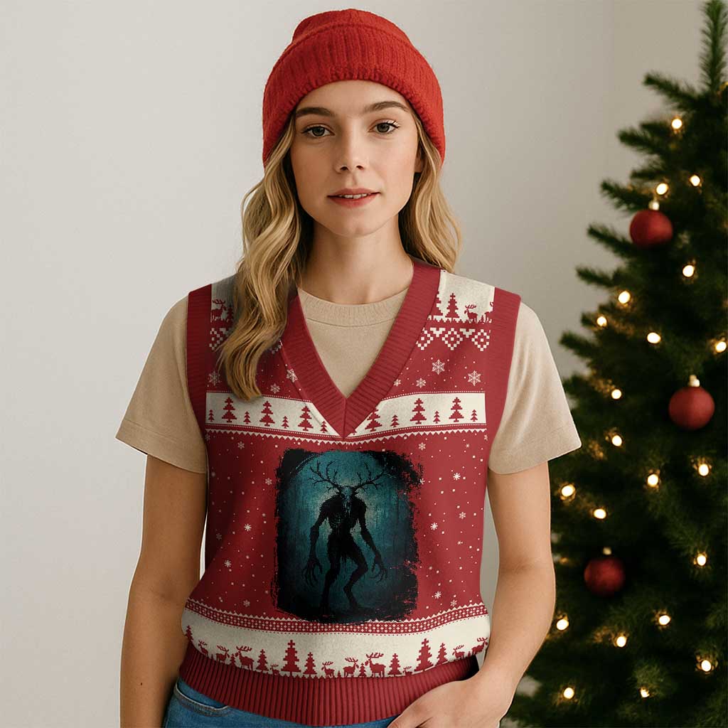 Wendigo Monster Skinwalker Mythical Cryptid Dark Forest V-Neck Knit Sweater Vest TS11 Red Beige Print Your Wear