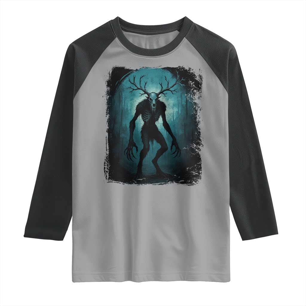 Wendigo Monster Skinwalker Mythical Cryptid Dark Forest Raglan Shirt TS11 Sport Gray Black Print Your Wear