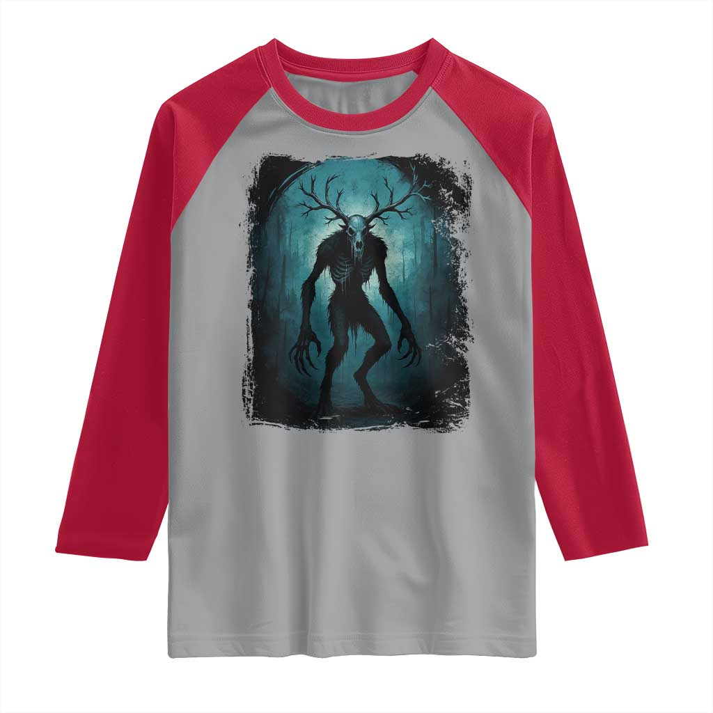 Wendigo Monster Skinwalker Mythical Cryptid Dark Forest Raglan Shirt TS11 Sport Gray Red Print Your Wear