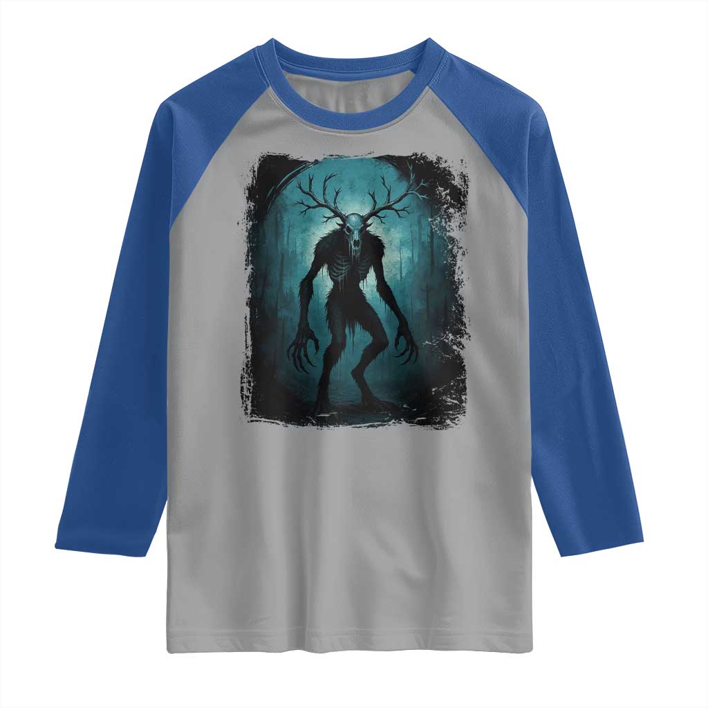 Wendigo Monster Skinwalker Mythical Cryptid Dark Forest Raglan Shirt TS11 Sport Gray Royal Print Your Wear